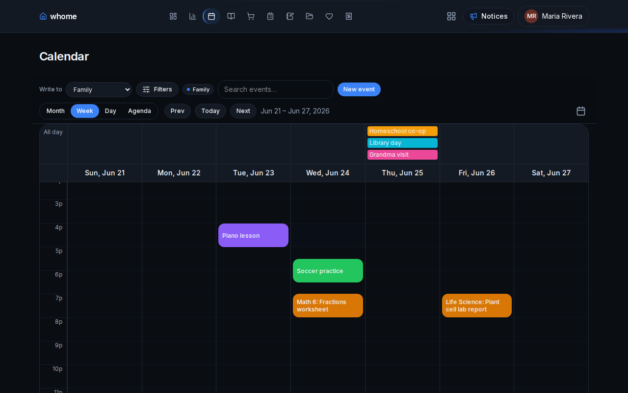 Domi Ops calendar week view with family events and school assignment overlays