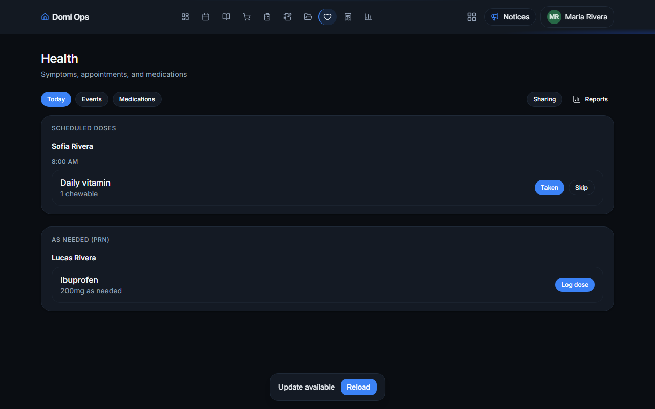 Domi Ops health module showing medications, events, and vitals