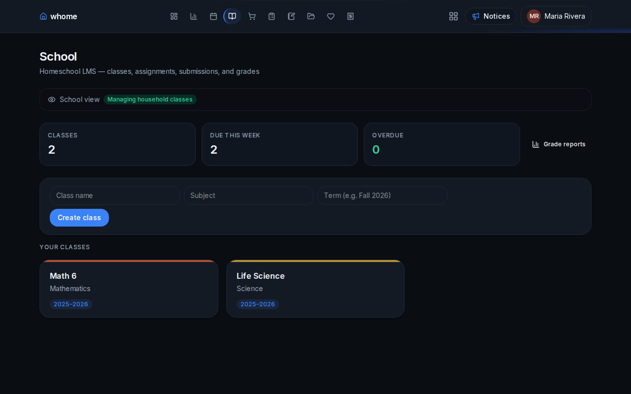 Domi Ops school module showing classes, assignments, and gradebook