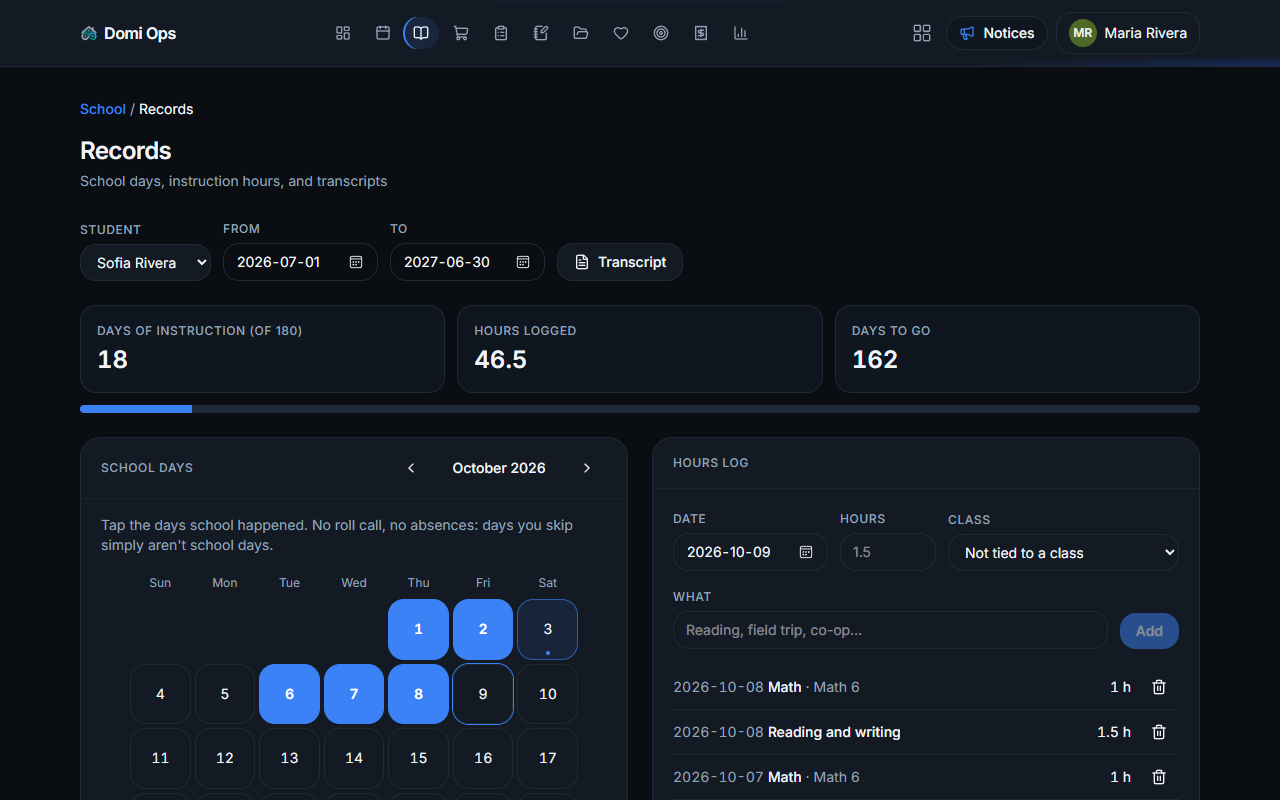 Domi Ops Records page with a school days calendar, hours log, and progress toward 180 days