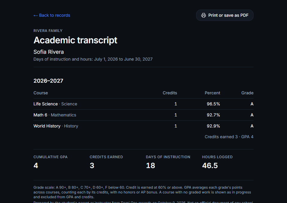 Domi Ops printable academic transcript with courses, credits, grades, GPA, days, and hours